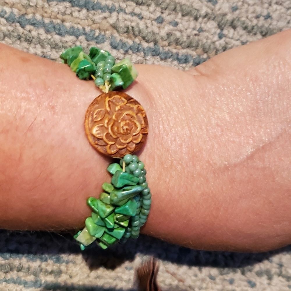 Vintage Green Chip Style Multi Strand Bracelet With Carved Focal Bead